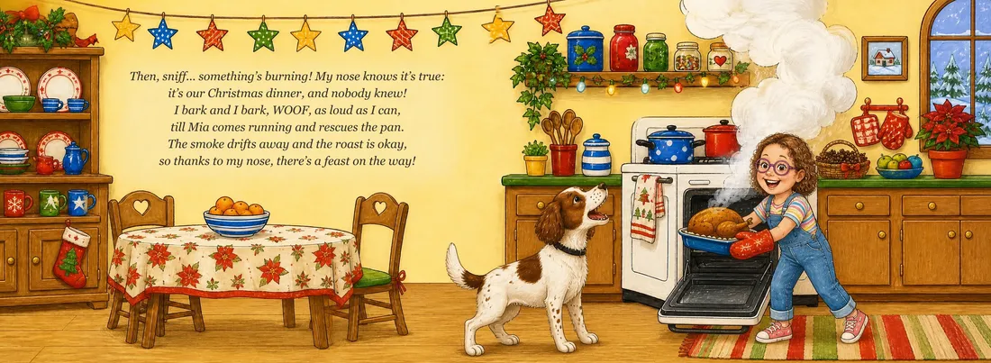 The dog barks as the Christmas dinner starts to burn