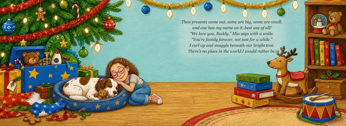 The last double page: the dog asleep in a new bed under the tree