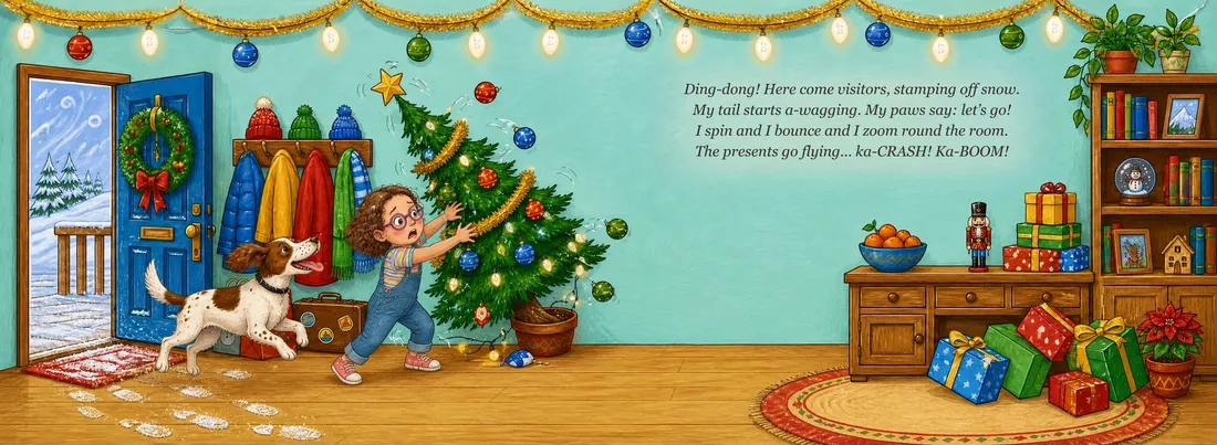 The visitors double page: the dog spins as the presents fly